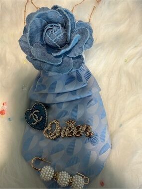 Light Blue Floral Accent Pendant Necklace with 'Queen' and CC Heart Charms